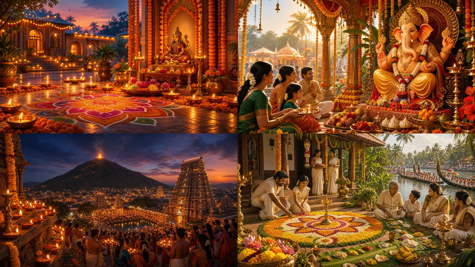 Hindu festival calendar featuring Diwali, Ganesh Chaturthi, Karthigai Deepam and Onam