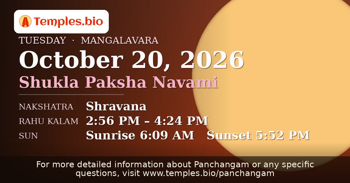 Panchangam for October 20, 2026 — Tithi, Nakshatra, Rahu Kalam