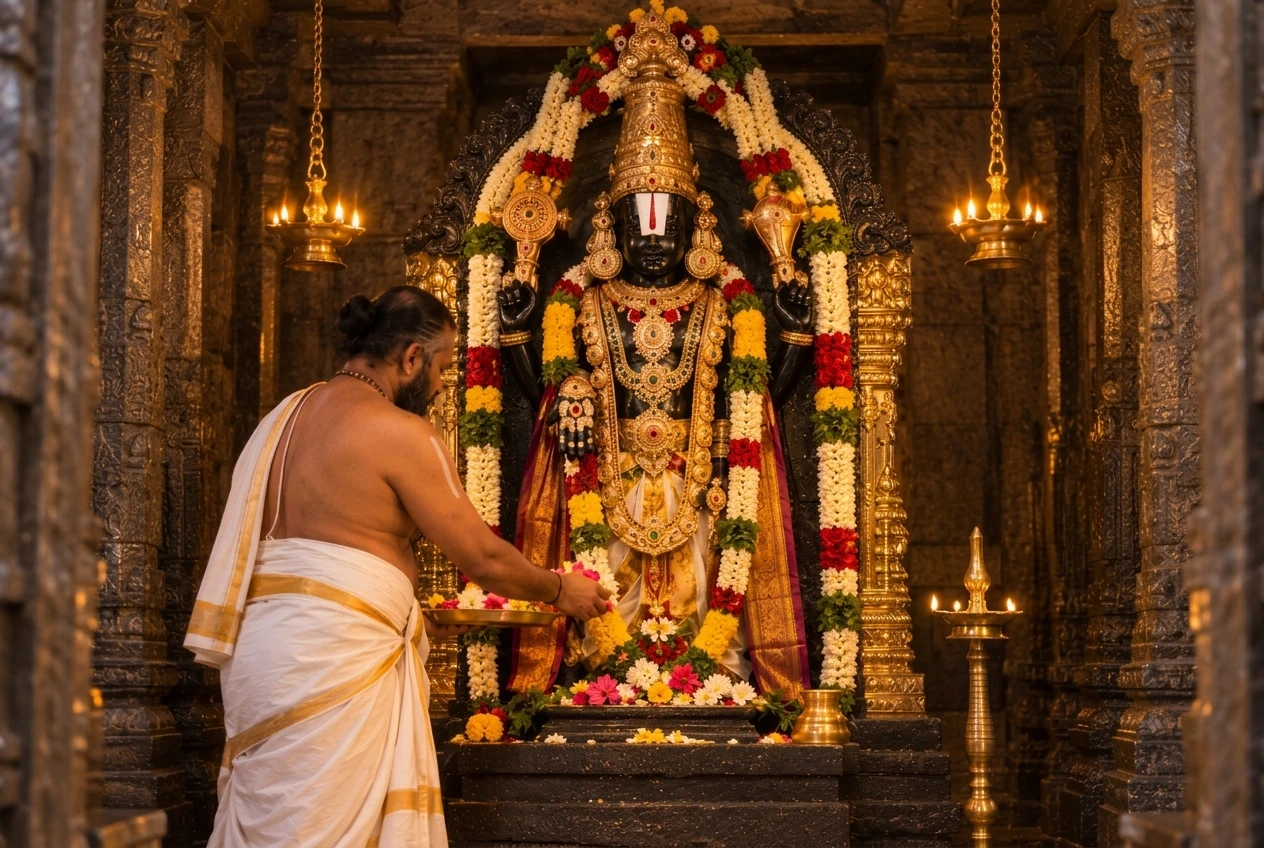 Vedic priest performing sacred Tulasi Archana to Lord Sri Venkateswara Swamy in Garbhagudi